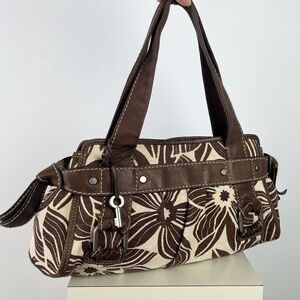 Fossil | Floral Canvas Shoulder w/ Double Leather Straps | Tan & Brown